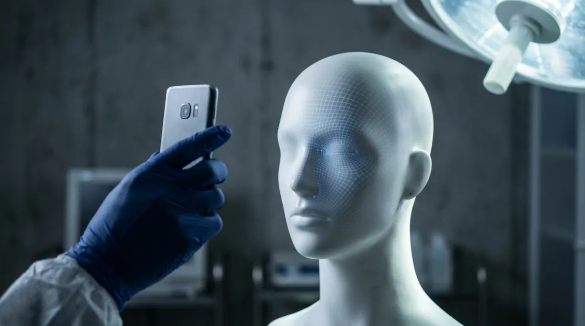 Grid of smartphone selfie photos of the same face under different lighting, each producing a different AI skin-analysis score