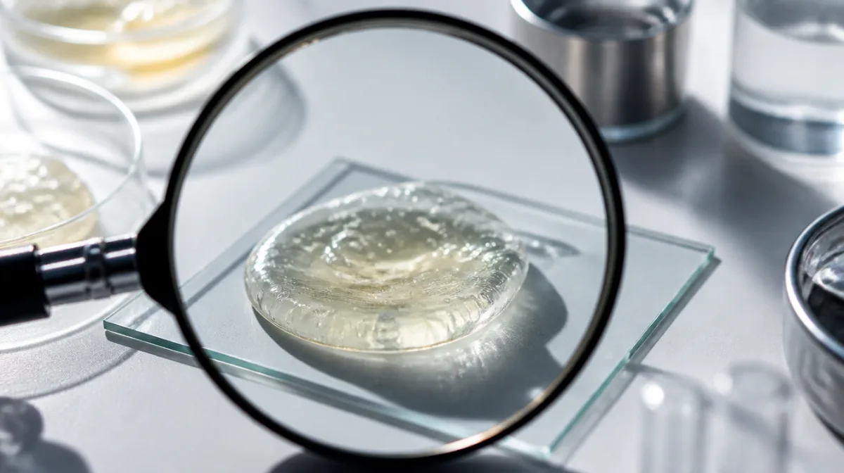 A magnifying glass held over a translucent viscous substance on a laboratory slide, with clinical lighting casting sharp shadows — illustrating the gap between what snail mucin contains and what can actually be measured