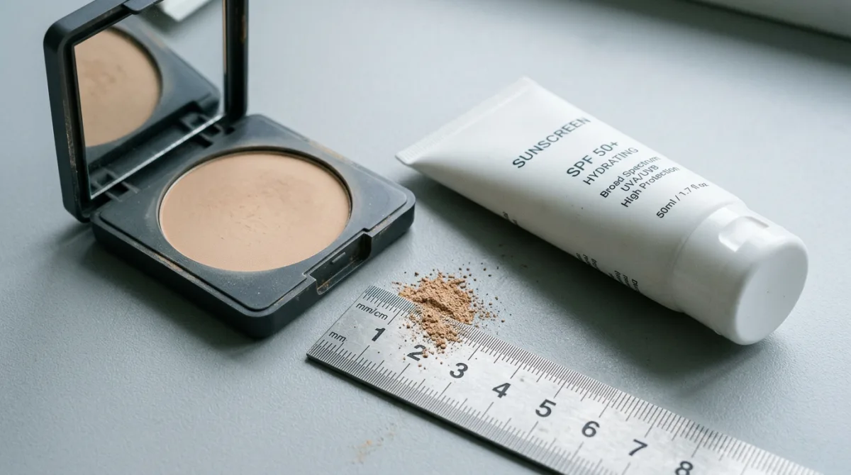 A compact powder makeup case beside a ruler measuring a tiny pinch of powder, next to a separate sunscreen tube, illustrating how little product most people actually apply compared to the amount SPF testing requires