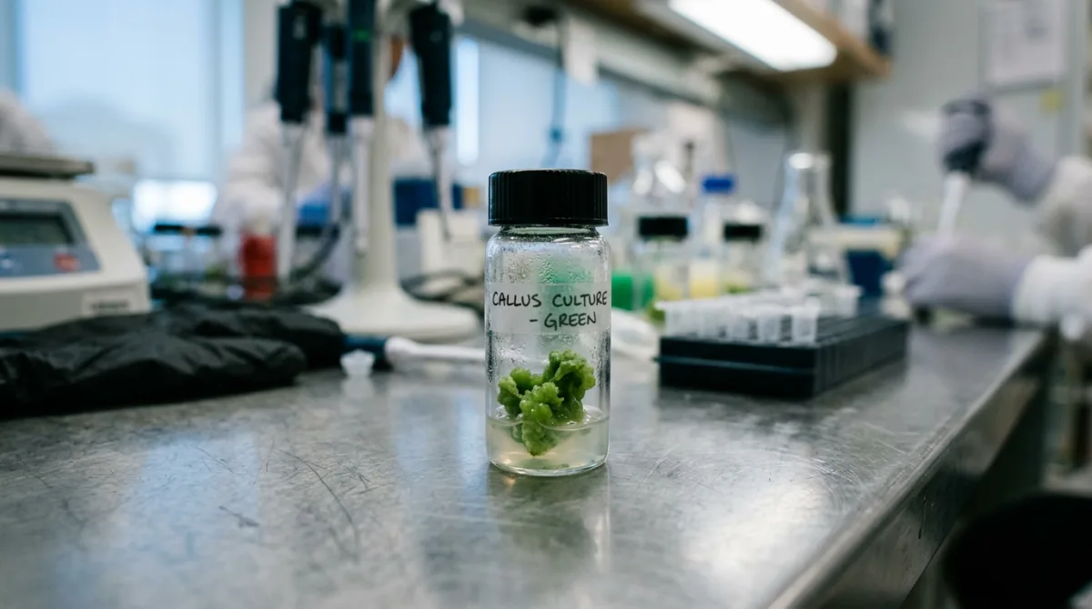 A laboratory glass vial containing a green plant callus culture sample under blue-white lab lighting, the kind of extract sold as 'stem cell' skincare despite being dead, processed plant material