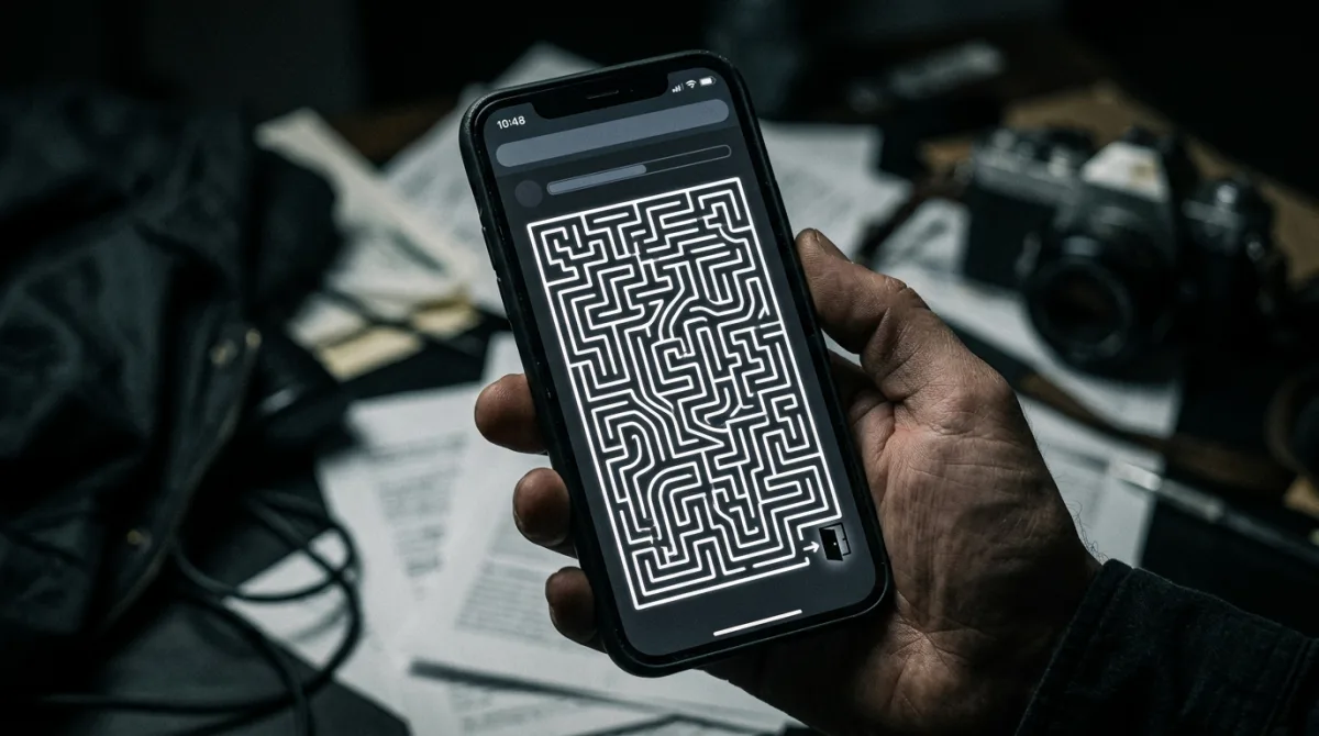 A smartphone screen showing a tangled maze-like path leading to a tiny exit door icon, illustrating how subscription cancellation flows are deliberately made hard to find