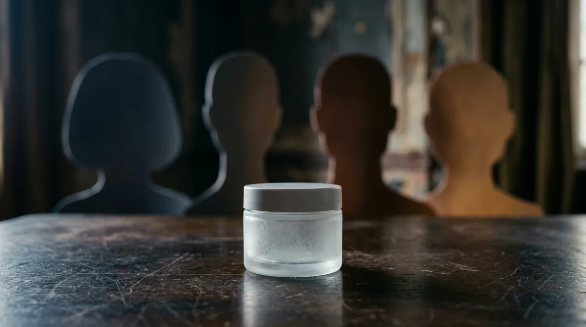 A single unbranded skincare jar centred among blurred outlines of different face shapes, illustrating the impossibility of one formula genuinely suiting every skin type