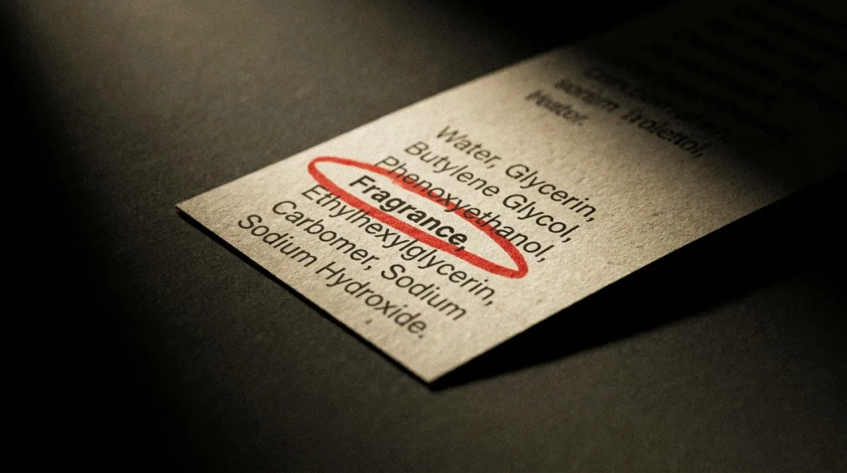 A skincare ingredient list with a sharp line drawn beneath the word 'fragrance', marking where concentrations typically drop below meaningful levels