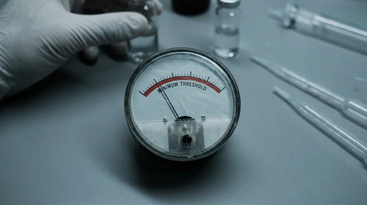 A macro shot of a lab dial gauge with a marked minimum threshold line, its needle resting just below it — representing an active ingredient dosed just under the concentration needed to work