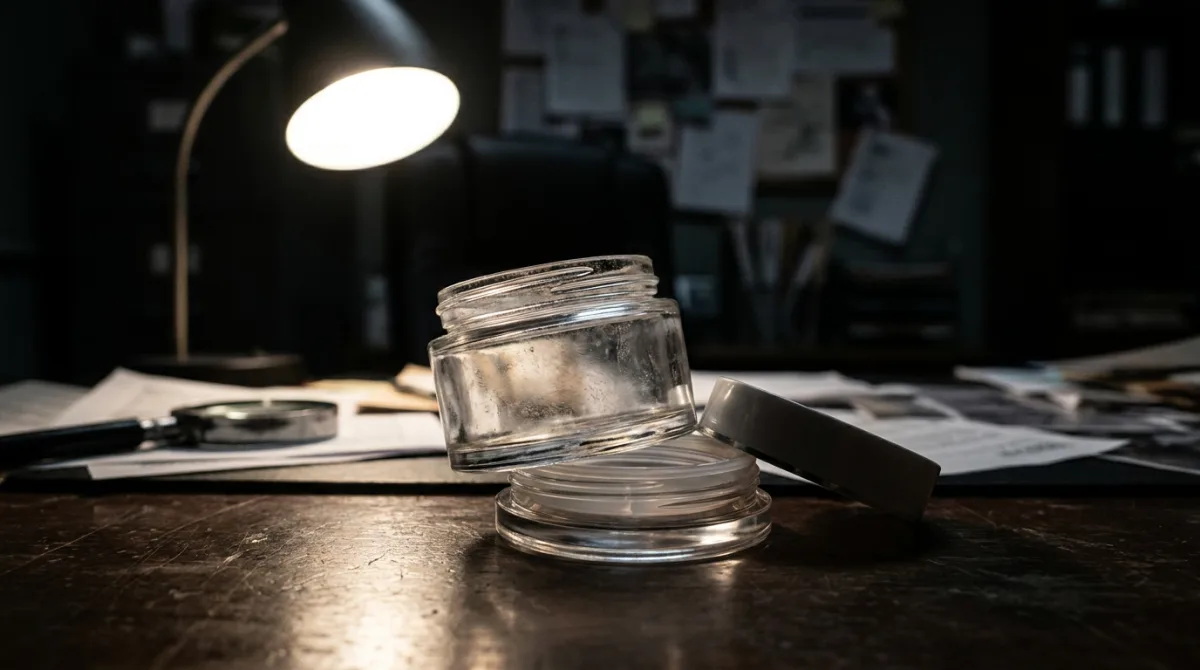 A clear glass skincare jar with a hidden false bottom pulled open, revealing an empty concealed compartment — claimed openness hiding what's actually there