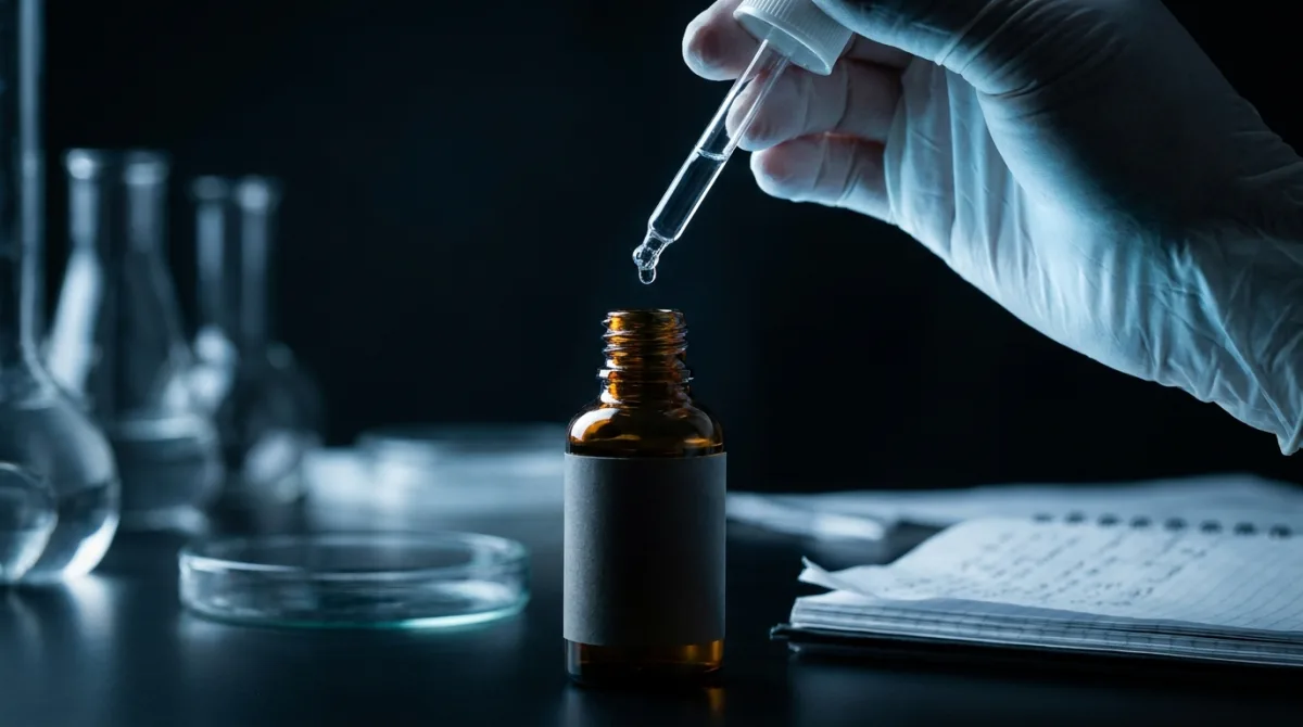 A single tiny droplet released from a dropper above an unbranded serum bottle, illustrating an active ingredient present in an amount too small to do anything
