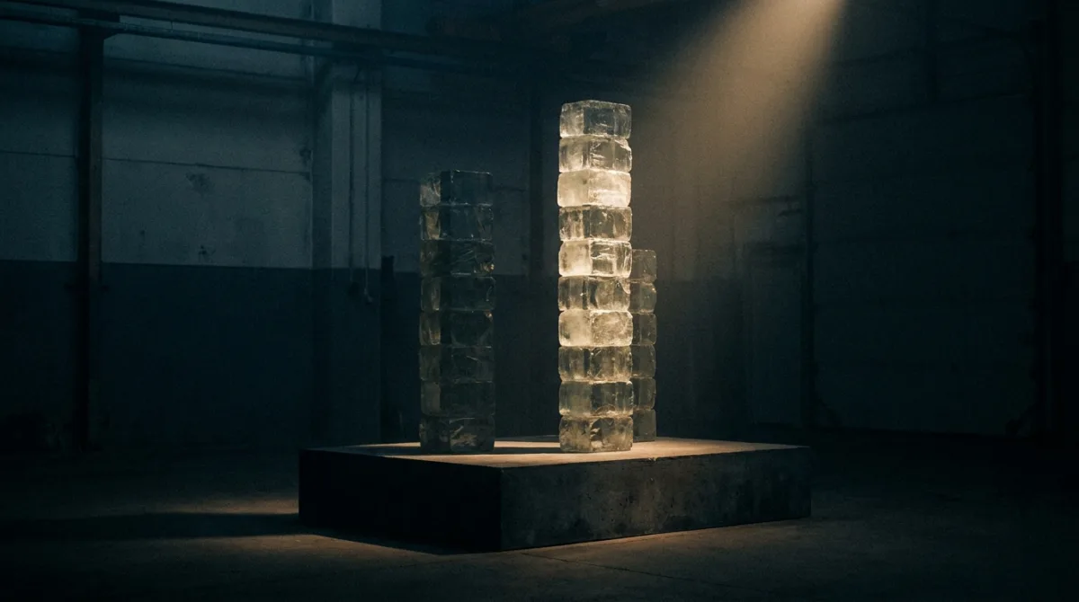 A bar chart sculpture of stacked translucent glass blocks with one noticeably taller block spotlit, illustrating a best-case outlier presented as a typical result