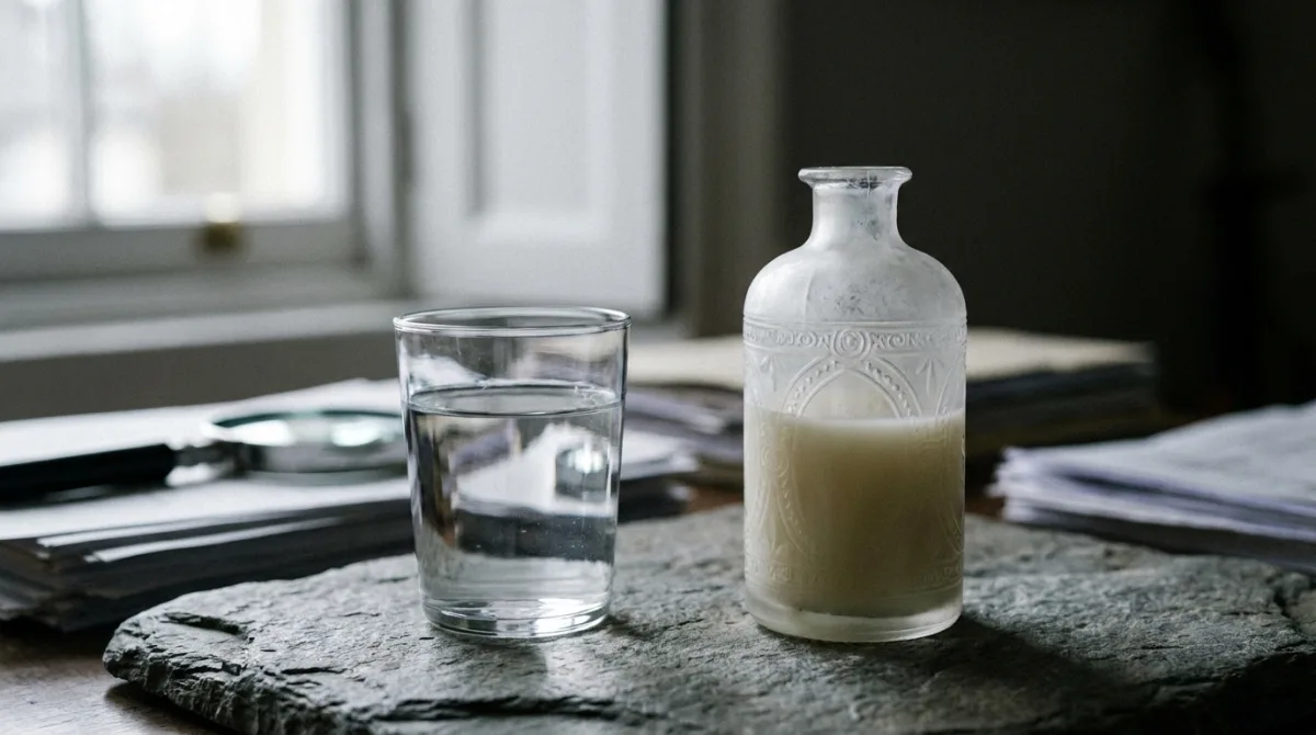 A plain glass of water beside an ornate serum bottle of similar size, illustrating that water is often the single largest ingredient in a formula by volume